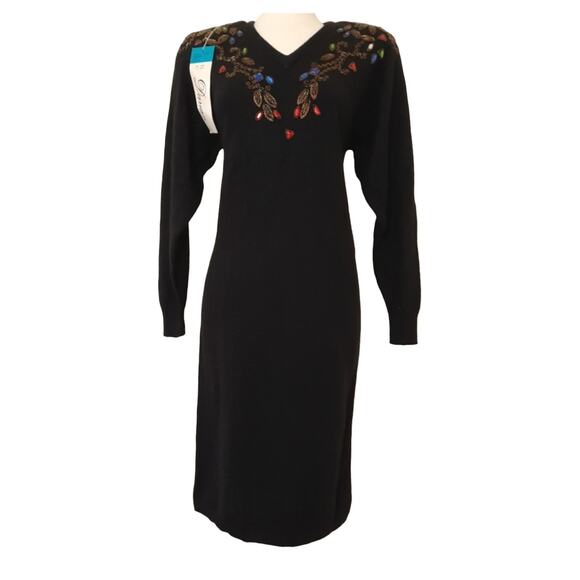 NWT VTG  Long Sleeve Short Sweater Dress Sz Small Black Beaded Rhinestone Detail - Picture 11 of 11